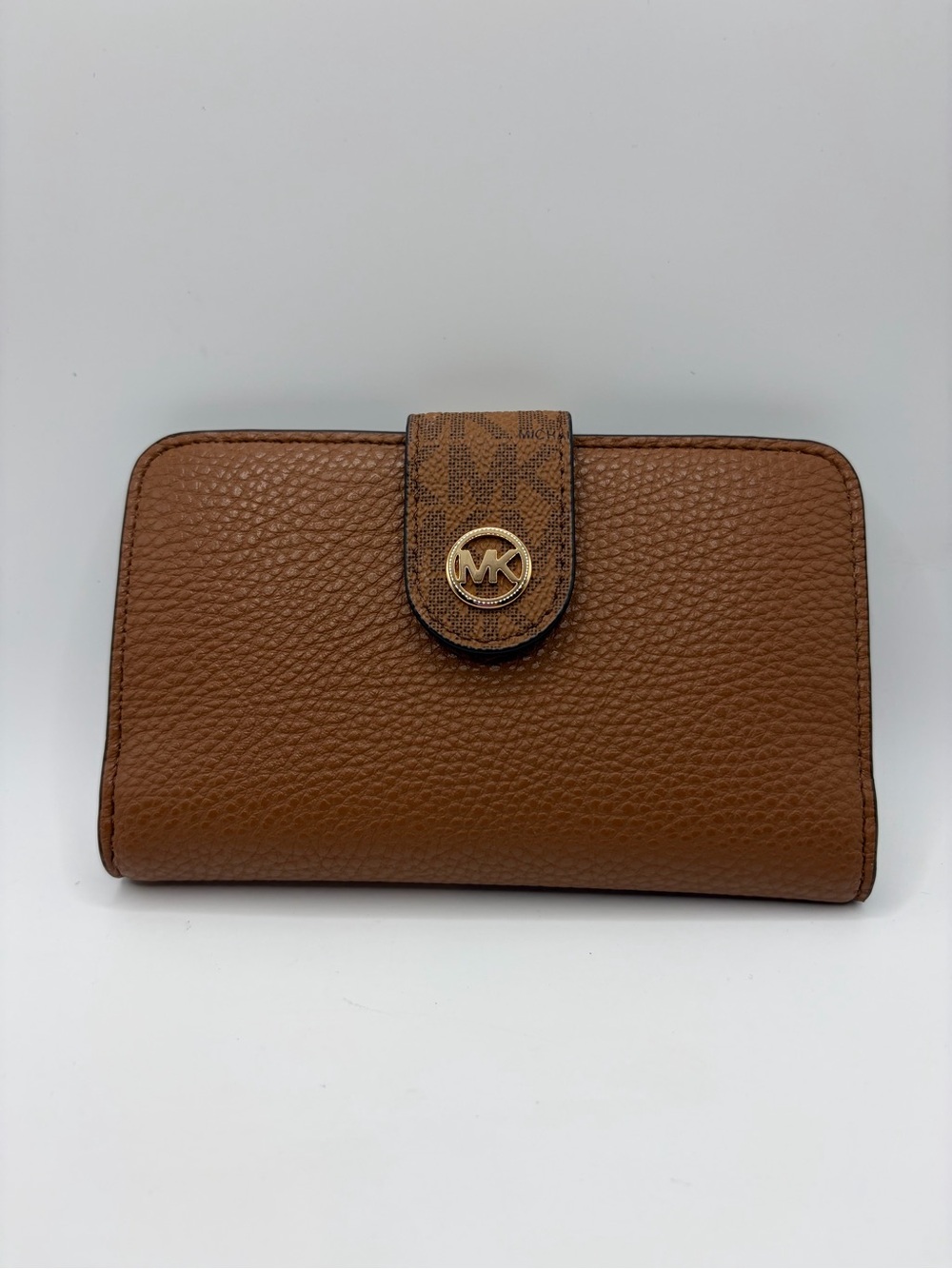 Michael Kors Cognac Pebbled Leather Continental Wallet with MK Logo Snap